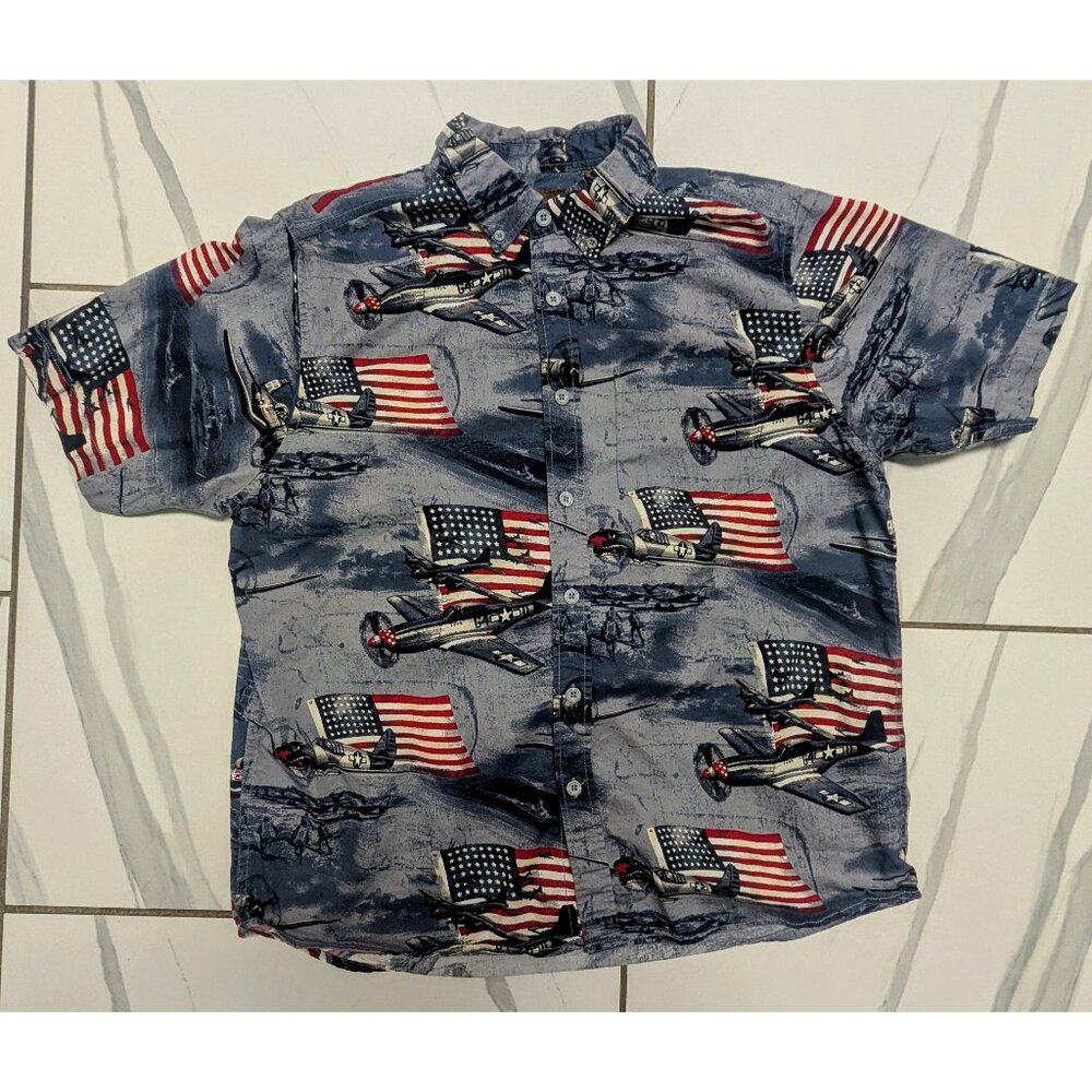 Clearwater outfitters short sleeve button down shirt airplane USA patriotic